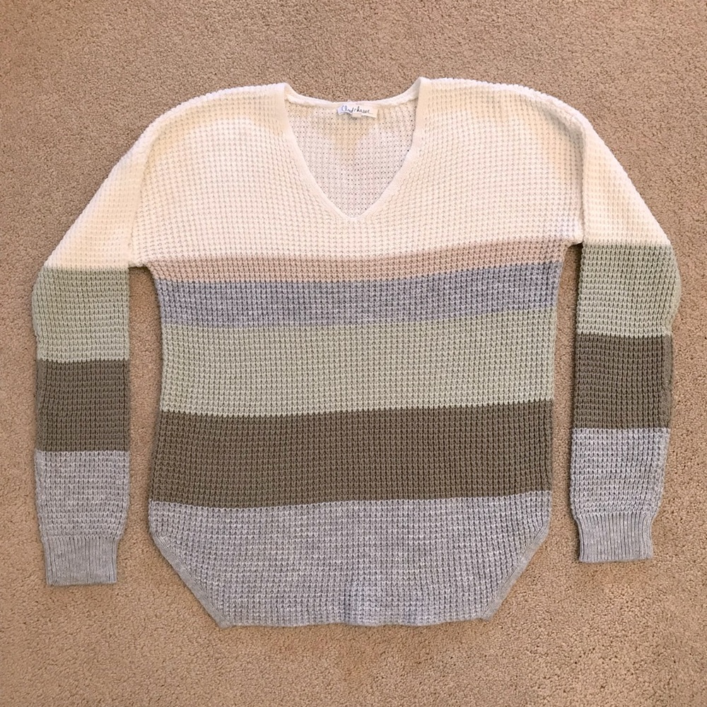 Cloud Chaser V Neck Striped Knit Sweater Size Medium White Green Blue Soft Girl
